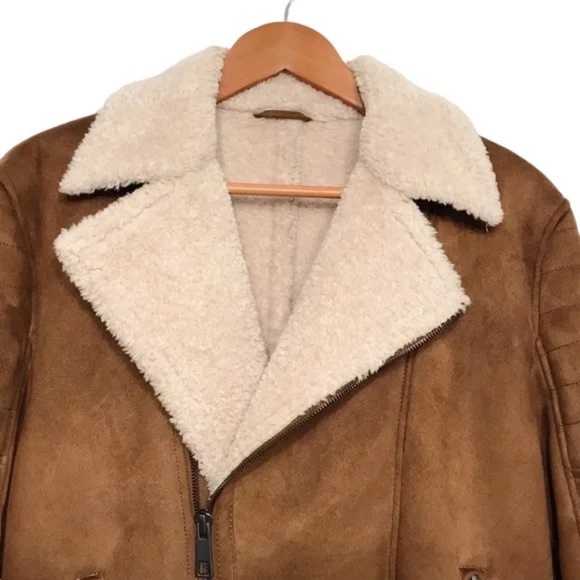 Zara Faux Sherpa & Leather Oversized Brown Bomber Jacket Coat Size Medium - Picture 4 of 9